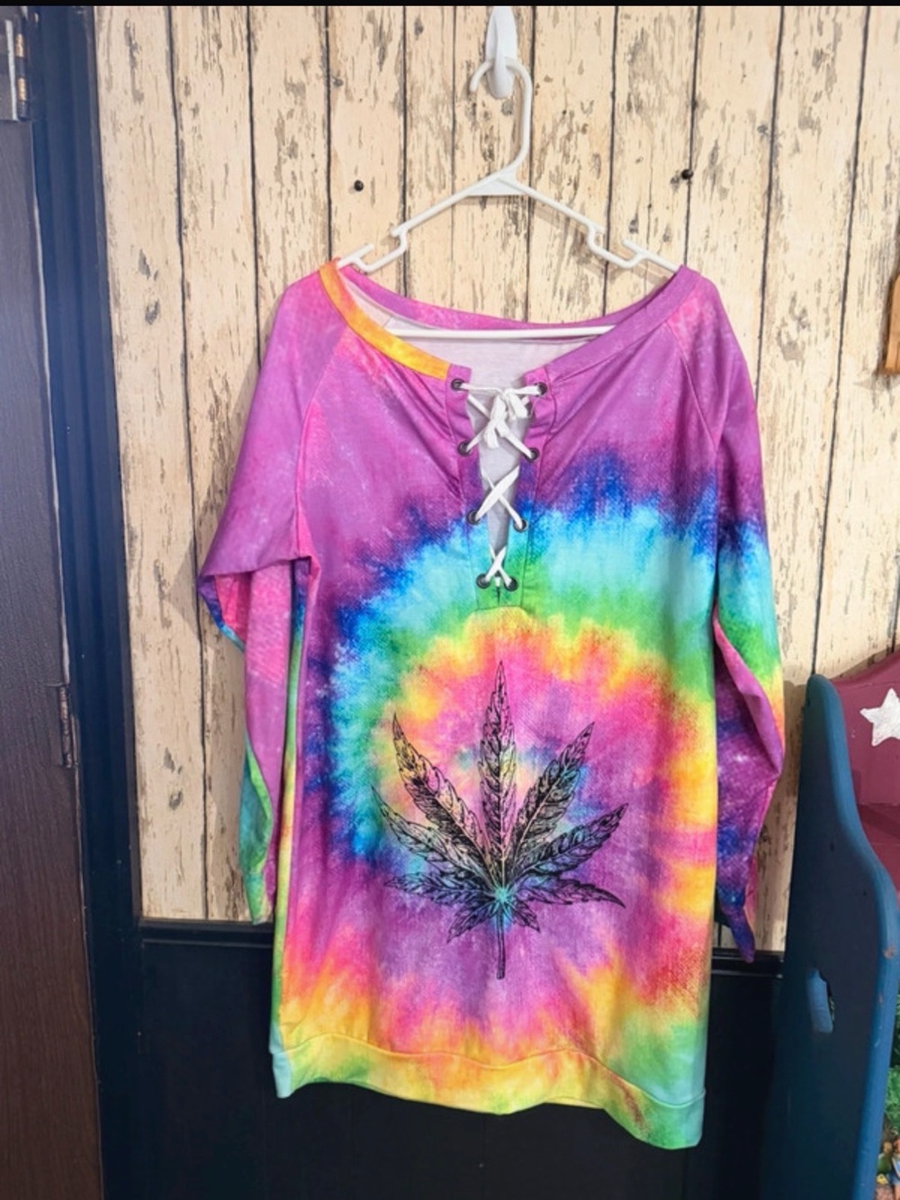 Source Unknown Rainbow Tie-Dye Lace-Up Sweatshirt with Leaf Motif